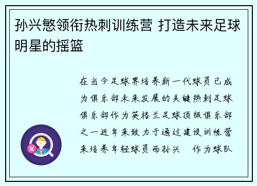 孙兴慜领衔热刺训练营 打造未来足球明星的摇篮